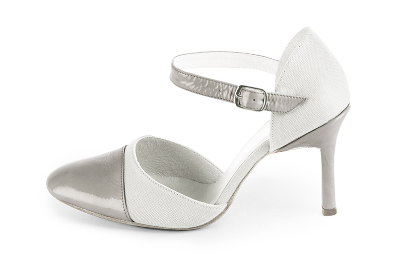 Pearl grey and pure white women's open side shoes, with an instep strap. Round toe. Very high slim heel. Profile view - Florence KOOIJMAN